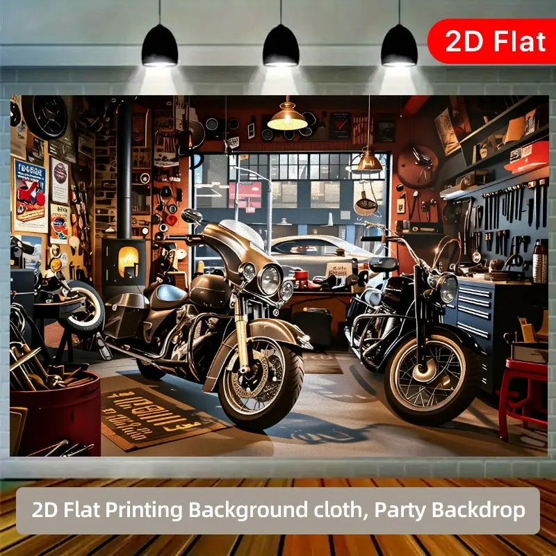 2D flat 1pc retro motorcycle garage background cloth motorcycle repair shop scene, matched with retro Harley motorcycle, tool wall and industrial style decorative wall cloth, suitable for motorcycle theme parties and retro style events, multiple sizes ava