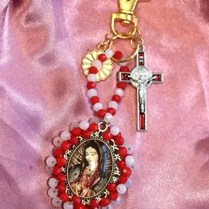 Religious Virgin of Guadalupe Keychain with Red White Beads and Cross Charm