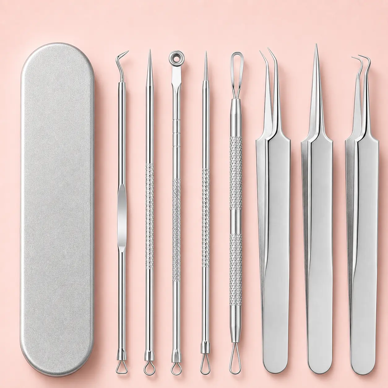 9 Pcs Facial Pore Cleaning Tools Set - Precision Stainless Steel Blackhead & Whitehead Extractor Kit with Travel Case for Daily Skincare