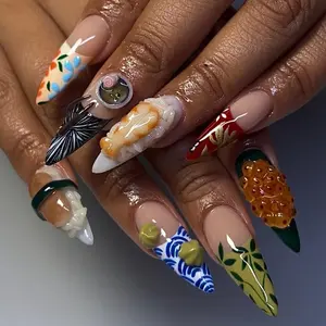 Handmade Sushi Feast Press On Nails | 3D Shrimp, Roe, Wasabi, Maki Roll & Japanese Pattern Art | Stiletto Nails For Foodie Fun Vibe