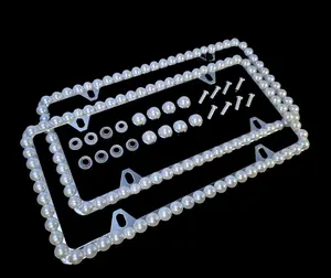 Dazzling Addiction 2 3D Bling License Plate Frames Big Chunky Pearls Creamy White Made in USA Handmade 1 Row Holder Screw Caps Personalizable Customizable Customized Bedazzled Sparkly Shimmering Gift for Girls Women 4 Holes Crystals Diamond Pair