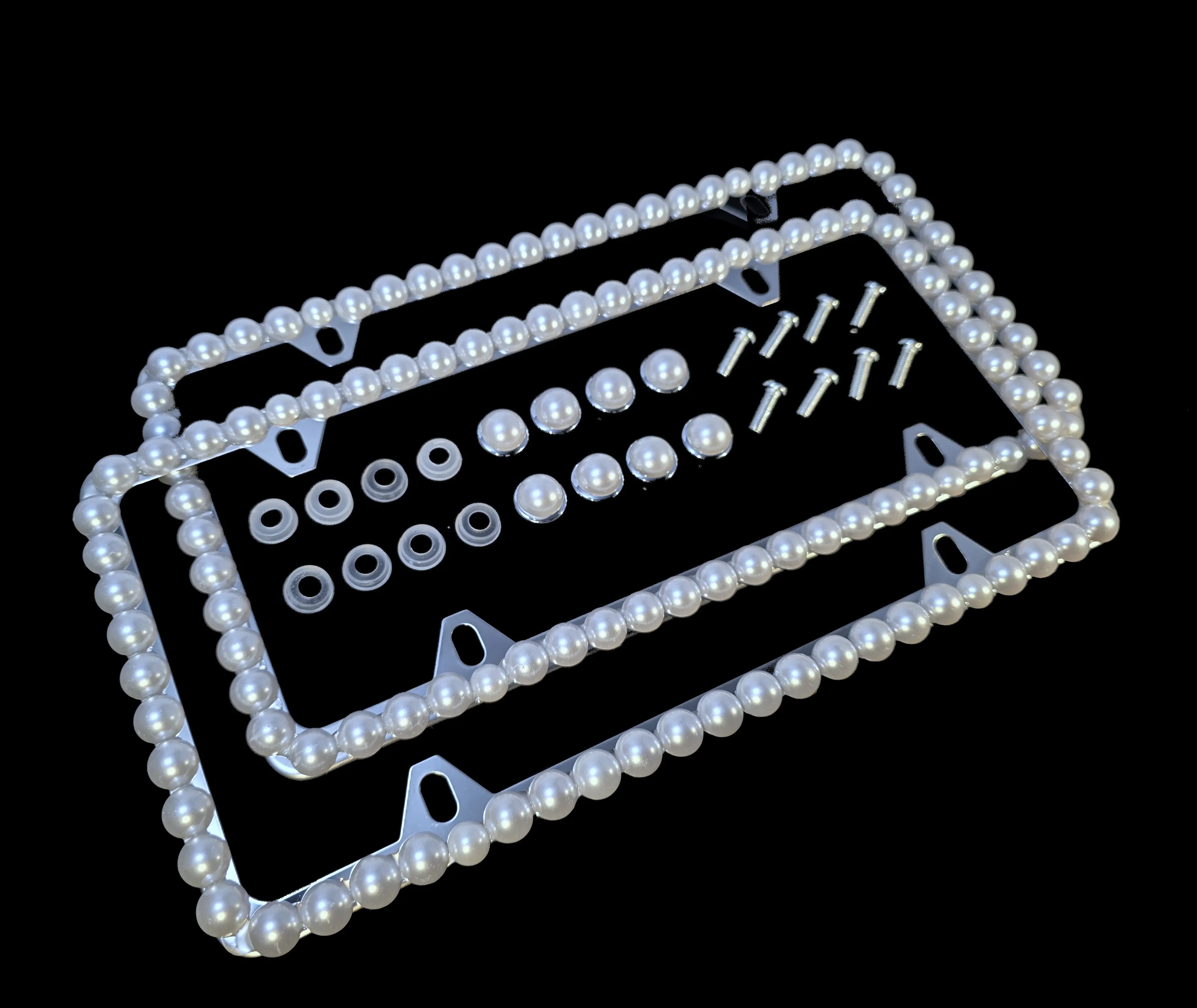 Dazzling Addiction 2 3D Bling License Plate Frames Big Chunky Pearls Creamy White Made in USA Handmade 1 Row Holder Screw Caps Personalizable Customizable Customized Bedazzled Sparkly Shimmering Gift for Girls Women 4 Holes Crystals Diamond Pair