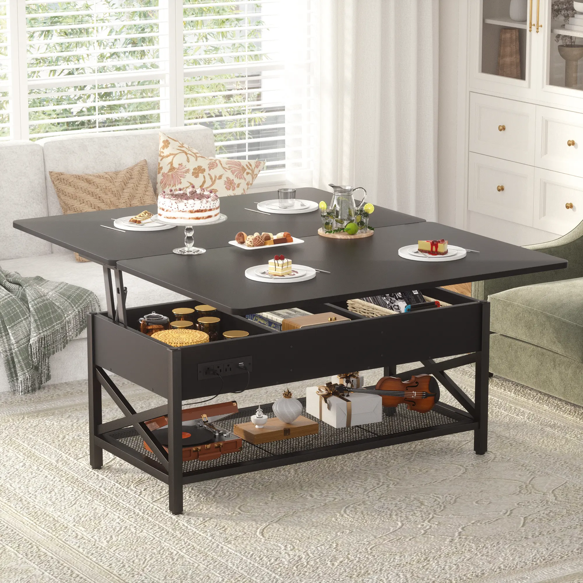 Rectangular Engineered Wood Multifunctional Lift-Top Storage Coffee Table - Hidden Compartment, LED Lights, Charging Station - Space Saving Furniture for Small Modern Living Spaces, Living Room Decor