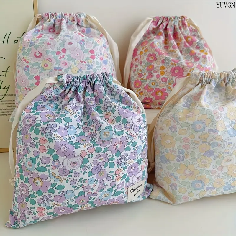 Summerwins Unisex Vintage Floral Cotton Drawstring Pouch - Multi-Purpose Storage Bag with Inner Organizer, Portable Youth Sports Gym Accessory for Hiking & Outdoor Use