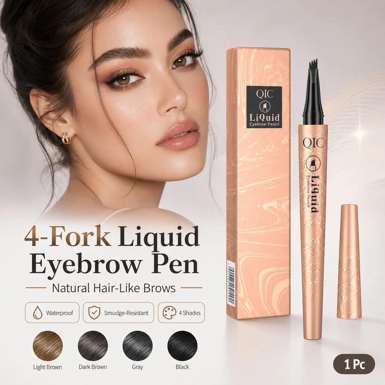 Liquid Eyebrow Pen with 4-Prong Tip, Natural-Looking Brow Marker for Filling Sparse Brows, Waterproof Sweat-Resistant Smudge-Resistant Makeup