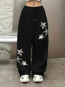 Black Oversized Silver Distressed Star Graphic Baggy Joggers - Streetwear Pants, Casual Loose Pants, Distressed Star Urban Trousers, Wide Leg Sweatpants, Soft Comfortable Fabric Perfect for Daily Casual Wear, Street Style Showcases & Leisure Hangouts