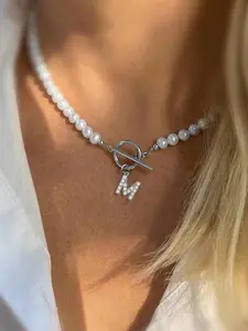 1Pcs Silvery Pave Zirconia Initial Necklace Women Vintage Simple Stainless Steel Toggle Clasps Artificial Pearl Beaded Necklace For Women