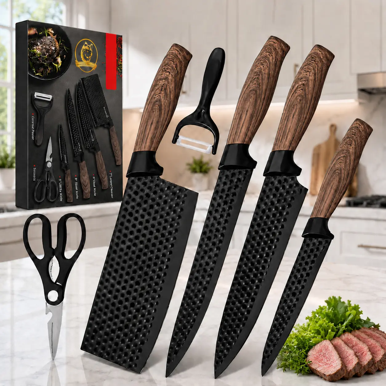 6-Piece Household Kitchen Prep Utensil Set, Honeycomb Non-Stick Surface Cooking Tools with Wood Grain Handles, Complete Daily Home Cooking Accessory Kit
