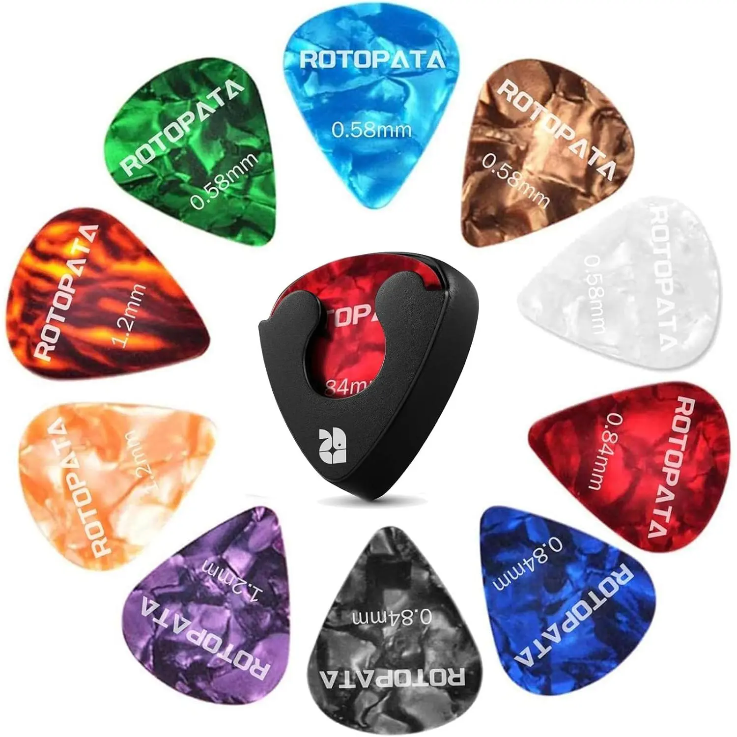 12-Pack Durable Celluloid Guitar Pick Set, Compact with 1x Adhesive Pick Holder & 1x Organizer Box - Thin/Medium/Heavy Thickness (0.58/0.84/1.2mm), Colorful Designs, Excellent Tone for Guitars, Ukulele, Bass, Musical Instrument Accessories