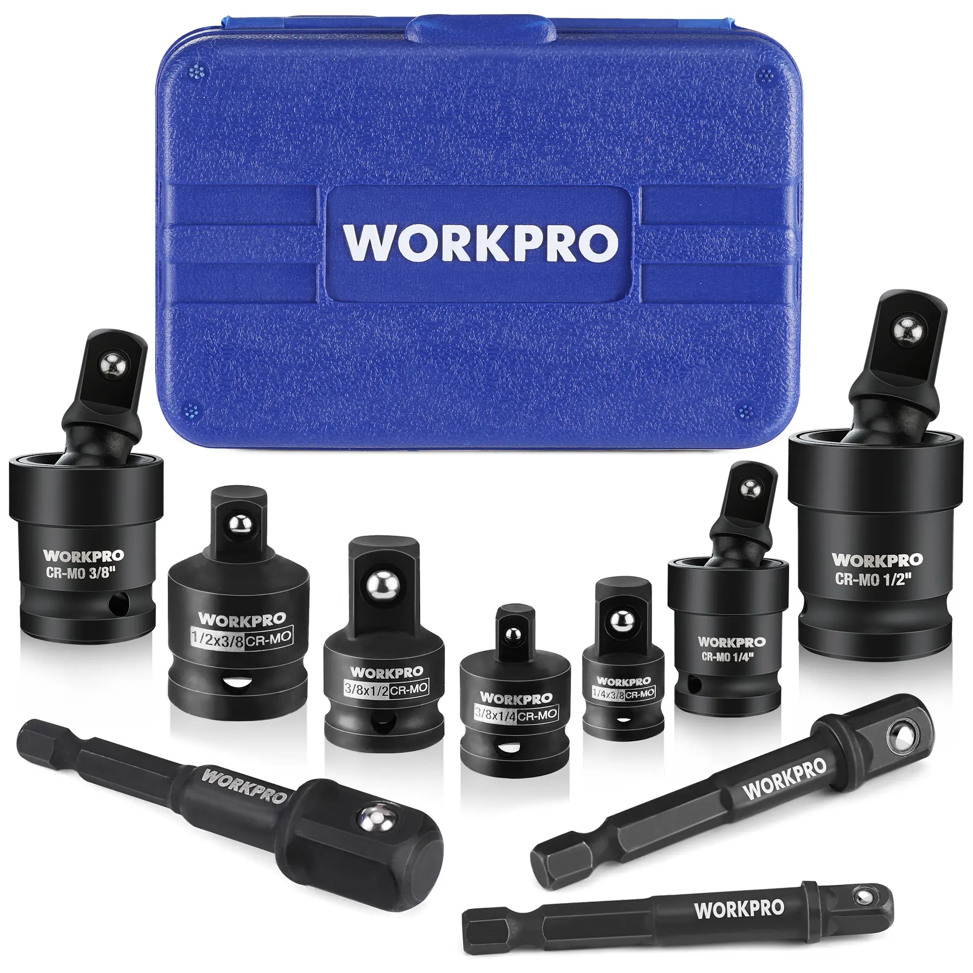 WORKPRO Impact Socket Adapter Set with Case, CR-MO Steel | Adapter/Reducer + Universal Joint Socket + 1/4" Hex Shank Extension, 1/4", 3/8", 1/2" Drive, Impact Grade