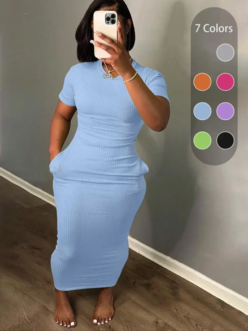 Plus Size Plain Pocket Round Neck Bodycon Dress, Casual Short Sleeve Ribbed Long Dress for Summer, Women's Clothes for Daily Wear
