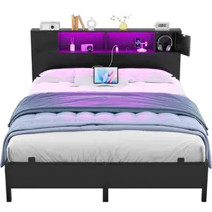 Industrial Queen Size Bed Frame with LED Lights & Storage Headboard, Charging Station, Noise-Free Metal Platform Bed, Steel Slat Support No Box Spring Needed