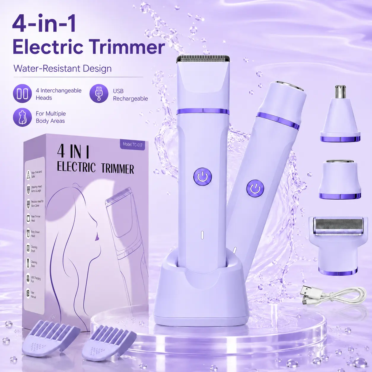 4-in-1 Electric Bikini Trimmer for Women, Gentle IPX7 Waterproof Body Shaver with Replaceable Heads, Facial Hair Remover for Face, Underarm, Body & Bikini Line, Travel Gift for Her