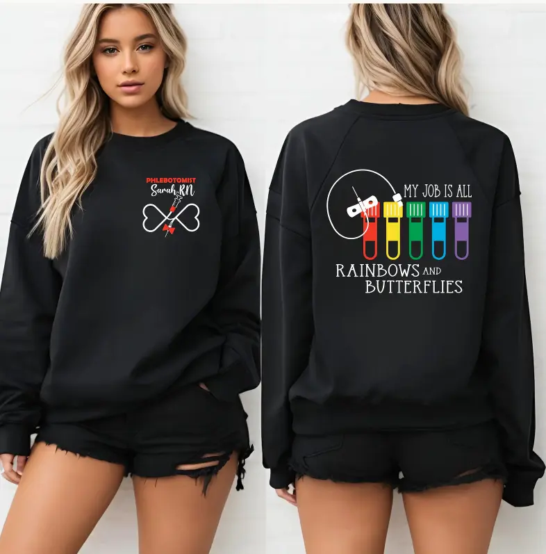 Personalized Phlebotomist Sweatshirt, Custom Double Sided Phlebotomy Shirt, Rainbow Blood Tube Crewneck, Medical Lab Tech Gift