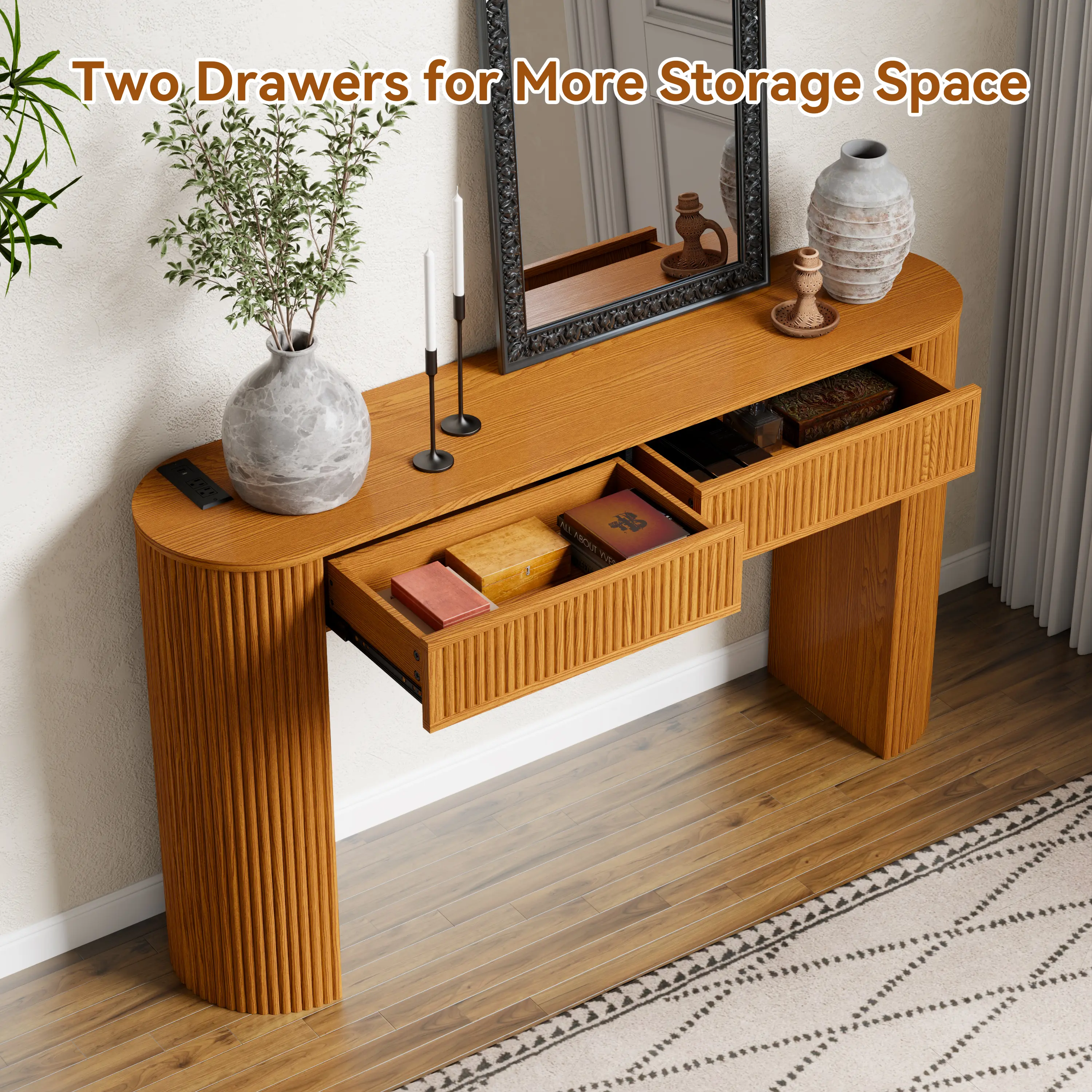 DHH 55" Long RGB LED Fluted Console Table with Easy Charging Station, 2 Drawers & Anti-Slip Ft - Narrow Indoor Sofa Table for Entryway, Behind Couch