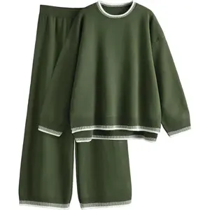 Women’s Two-Piece Sweater Set – Long-Sleeve Knitted Pullover Top + Wide-Leg Pants, Casual Tracksuit Outfit