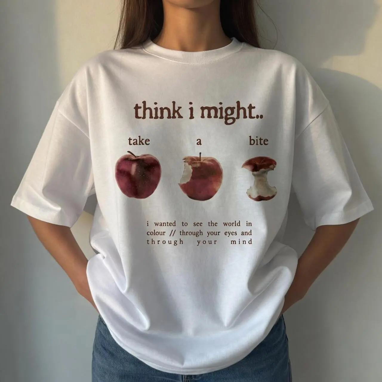 Think I Might Take A Bite Apple Graphic T-Shirt | Aesthetic Fruit Tee, Minimalist Apple Print Shirt, Vintage Style Graphic Top, Cute Food Lover Shirt, Y2K Casual Streetwear, Trendy Unisex T-Shirt