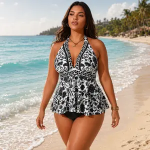 Muse Theory Plus Size Swimsuits for Women, Halter Tankini Swimsuit, Black White Floral Swimdress, Tummy Control Bathing Suit, Two Piece Swimwear, Summer Beachwear for Pool Vacation Triangle Bikini Set
