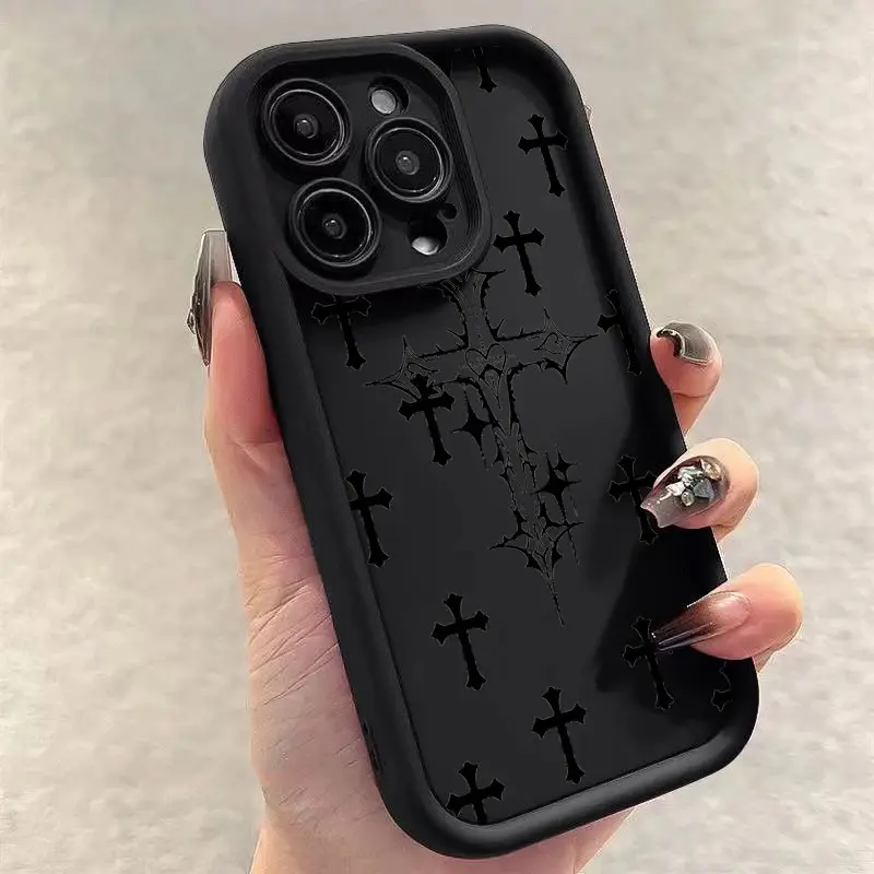 Women's Black Cross Print Military-Grade Shockproof Soft Silicone Phone Case sc01-he-p2030 - Durable, Anti-Scratch, Stylish, Lightweight, All-Inclusive Full Body Cover with Rotating Camera Protection for iPhone 7-8,11-16,16E,SE,Pro Max,X,XS,XR,Plus, Casin