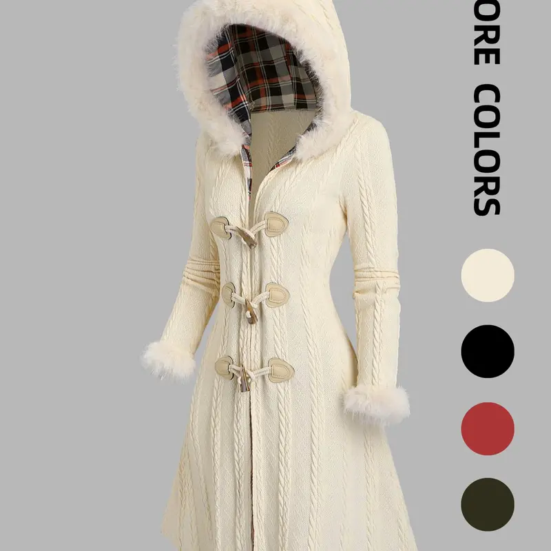 Women's Plain Contrast Faux Fur Trim Button Front Hooded Jacket Coats, Casual Fitted Long Sleeve Fit Outerwear for Fall & Winter, Ladies Clothes for Daily Wear, Womenswear, Casual Chic Outerwear