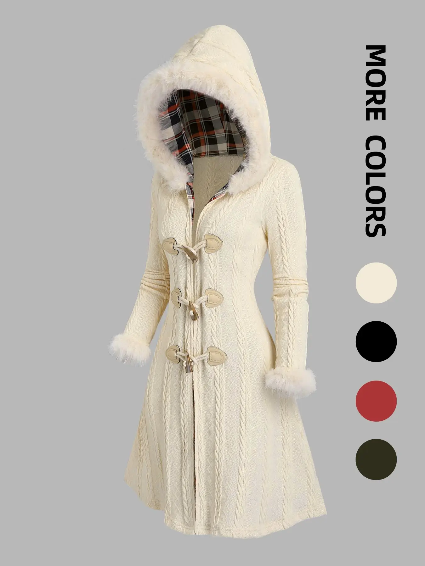 Women's Plain Contrast Faux Fur Trim Button Front Hooded Jacket, Casual Long Sleeve Outerwear for Fall & Winter, Ladies Clothes for Daily Wear