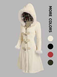 women's plain contrast faux fur trim button front hooded jacket, casual long sleeve outerwear for fall & winter, ladies clothes for daily wear, afghan coat