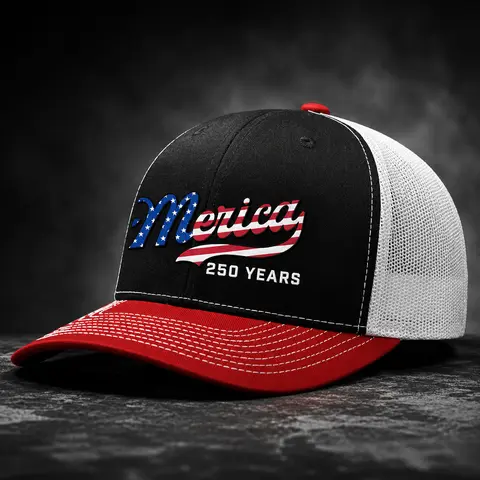 TRENZ SHIRT COMPANY Men's Structured Trucker Hat - 250th American Anniversary, Patriotic USA Flag, Beer Brand Graphic, Custom Embroidered Logo, Mesh Back, 1 Size Fits Most, Casual Wear, Memorial Day Brand Caps, Bold Printed Phrase Graphic Hats