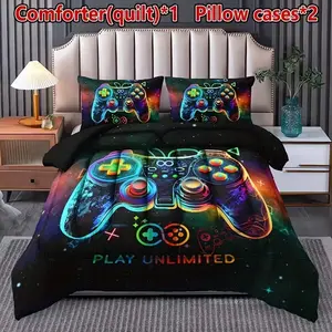 3pcs Cartoon Game Controller Quilt Set (1 Quilt + 2 Pillowcases No Pillows), Soft Comfortable Lightweight Breathable Printed Home Dorm Air Conditioning Blanket