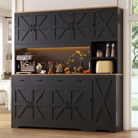 FUSOU 71" Tall Kitchen Pantry with LED Lights & Charging Station, Farmhouse Storage Cabinet with 4 Drawers & 6 Cabinets, Modern Kitchen Hutch for Dining Room with Adjustable Shelves, Black