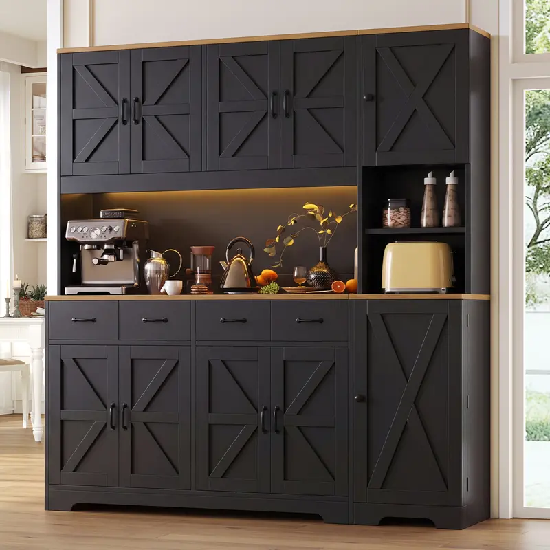 FUSOU 71" Tall Kitchen Pantry with LED Lights & Charging Station, Farmhouse Storage Cabinet with 4 Drawers & 6 Cabinets, Modern Kitchen Hutch for Dining Room with Adjustable Shelves, Black