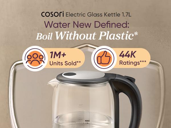COSORI Electric Glass Kettle, 1.8Qt/1500W, No Plastic Filter & Spout, Auto Shut Off, Black, Hot Water Boiler for Coffee&Tea, College Dorm Essential GK-172/173