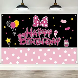 Glitter Mouse Birthday Decorations, Pink Mouse Happy Birthday Banner, Cartoon Theme Photo Background, Shimmer Wall Backdrop for Baby Shower & Kids Parties, Party Decorations Banners