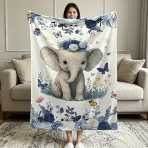 Thickened Flannel Blanket, Cartoon Elephant Pattern, All-Season Warm Soft Hypoallergenic Throw, Machine Washable Lightweight Nap Bedding, Cozy Plush Coverlet, Cute Stylish Home Decor & Warm Gift for Indoor Daily Use Memory Foam Linen blanket blankets
