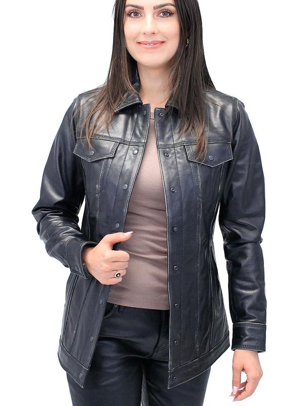 JAMIN LEATHER® Vintage Black Women's Long Leather Jean Jacket #LA2010LZK - Premium Soft Buffalo Leather, Dual Concealed Pockets, Snap Front, Minimalist Design, Available in Sizes S-5X