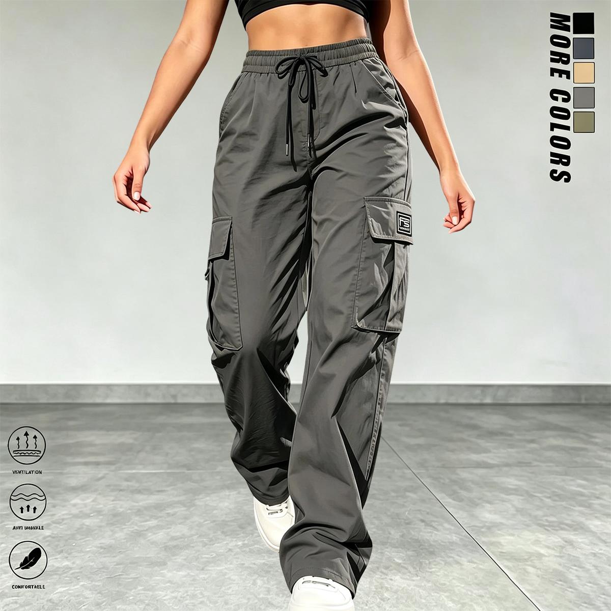 3PCS women’s cargo pants: casual, elastic waist, Bohemian minimalist basic women’s pants with pockets; suitable for summer outfits, vacations, and beachwear; sporty casual style; comfortable loose fit; casual drawstring high-waist pants; loose, comfortabl