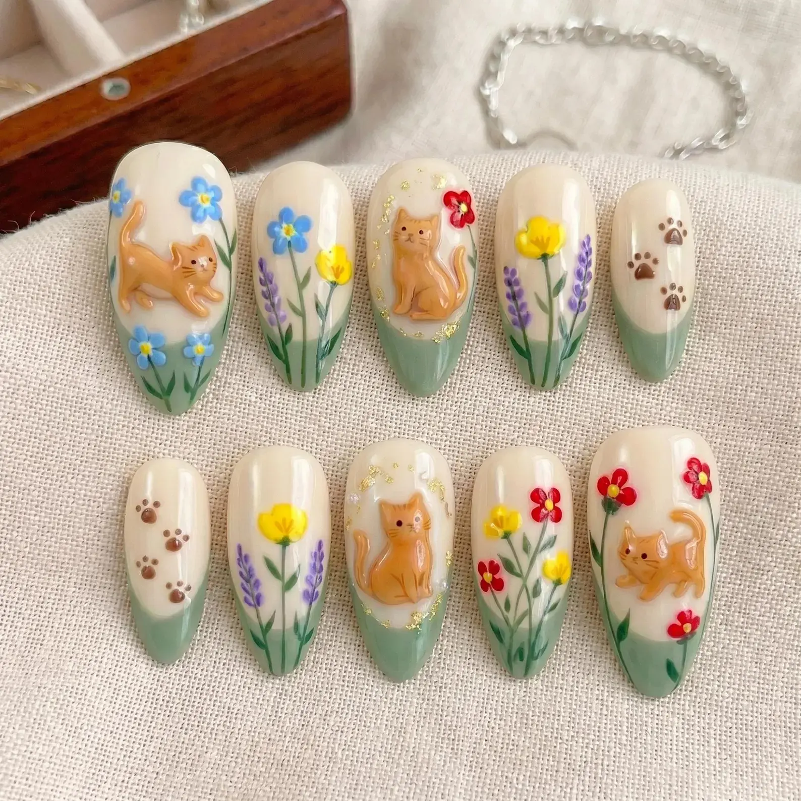 3D Orange Cat and Floral Press On Nails | Cute Kitty Paw Print Fake Nails | Handmade Cottagecore Nail Art