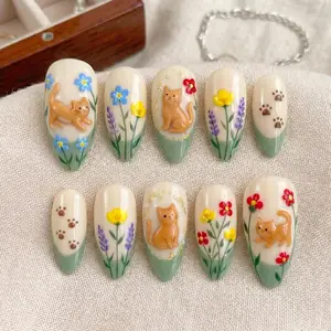 3D Orange Cat and Floral Press On Nails | Cute Kitty Paw Print Fake Nails | Handmade Cottagecore Nail Art