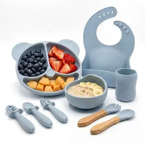 【Mothers Day gift】Bear Design Silicone Feeding Set (9PCS), Baby Plate & Snail Bowl & Bib & Training Spoons (3PCS) & Fork Spoon Set & Curvy Straw Cup, Baby Dinnerware Set, #SummerVibes