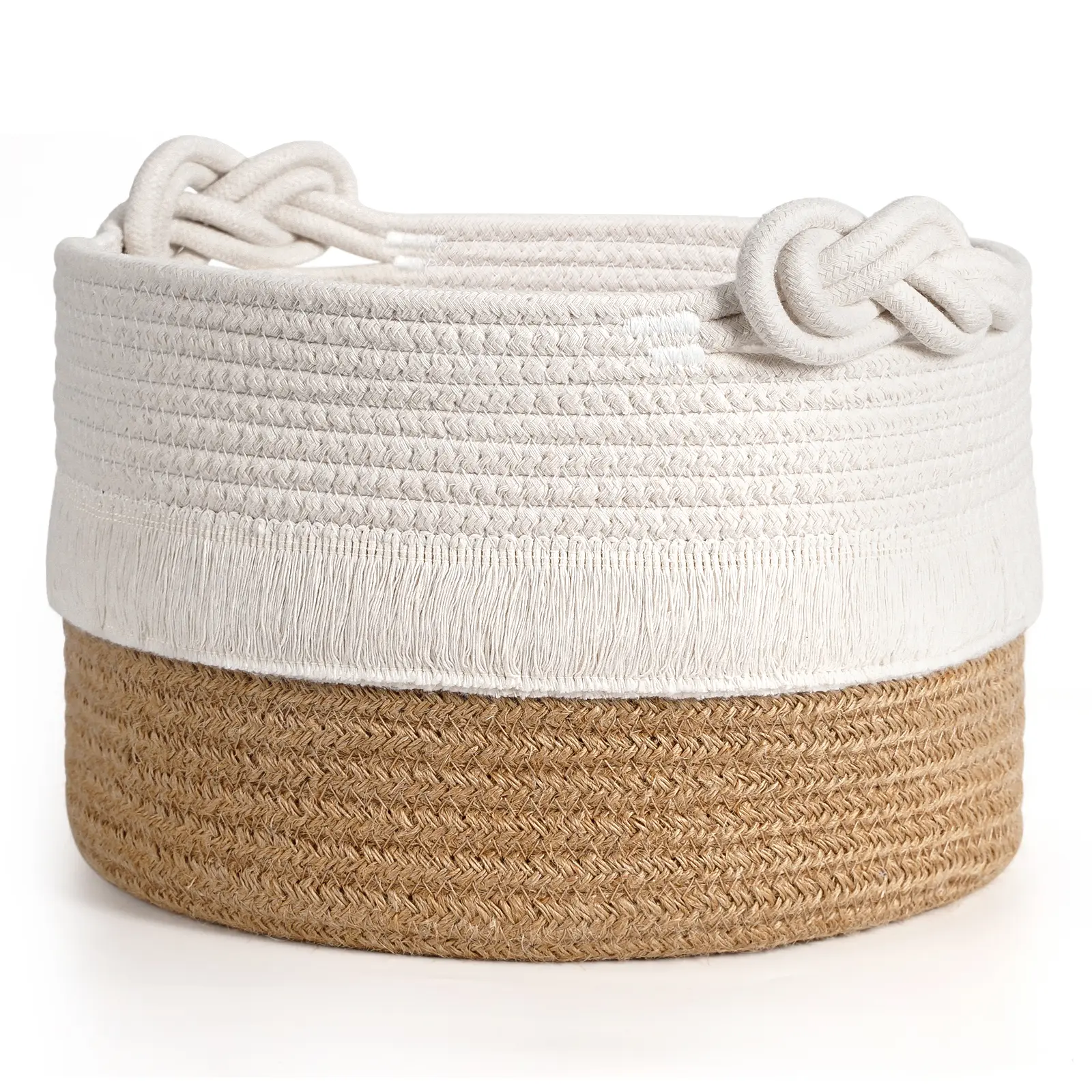 Sowyem Small Woven Storage Baskets Cotton and Jute Rope Decorative Hamper for Diaper, Blankets, Magazine and Keys, Cute Tassel Nursery Decor - Home Storage Container – 9.5'' x 7''