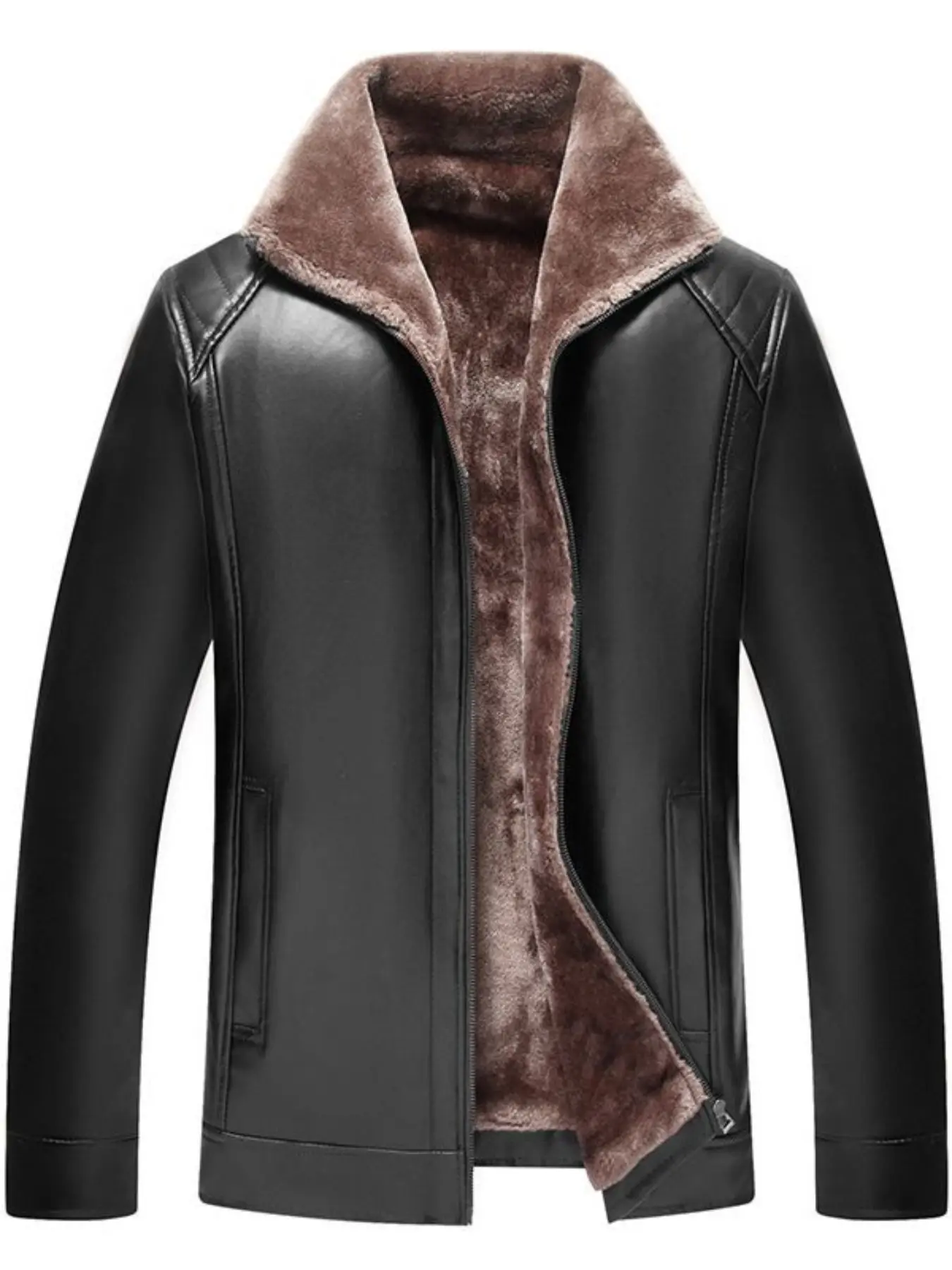 Men's Thickened Fleece Leather Jacket, Outdoor Thick Warm Zip Pocket Sports Coat ,Autumn/Winter
