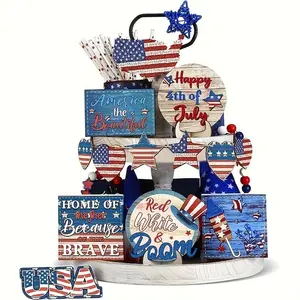 Independence Day Themed Wooden Decoration, Wooden Tiered Tray Decoration, Patriotic Decoration, Home Decor for Living Room, Bedroom, Office, Ornaments