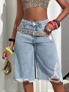 Women's Loose Denim Shorts, Wide Leg Ripped Hem, Button, Perfect for Music Festivals, Concerts, Casual, Comfortable Fitted Style