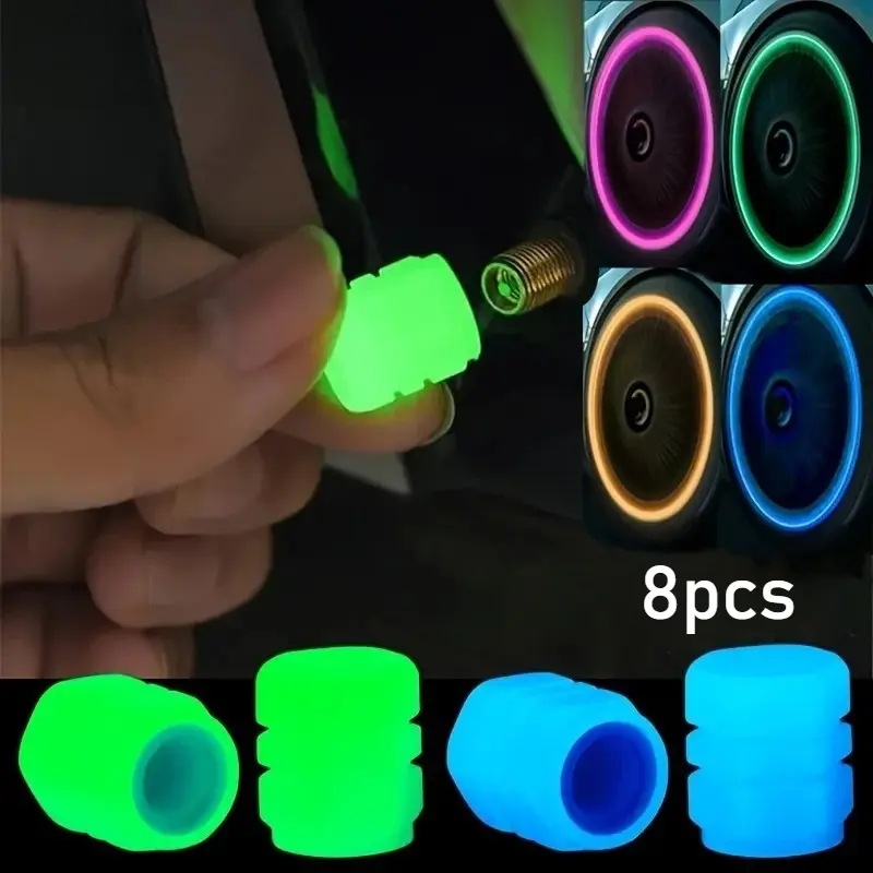 8pc Neon Night Glow Luminescent Tips Valve Caps for Motorcycle/car/tire, Car Accessories, Abs Enhanced Durable Hexagonal Valve Rods, Multi-Color, Night Riding Safety Visibility, Easy Installation
