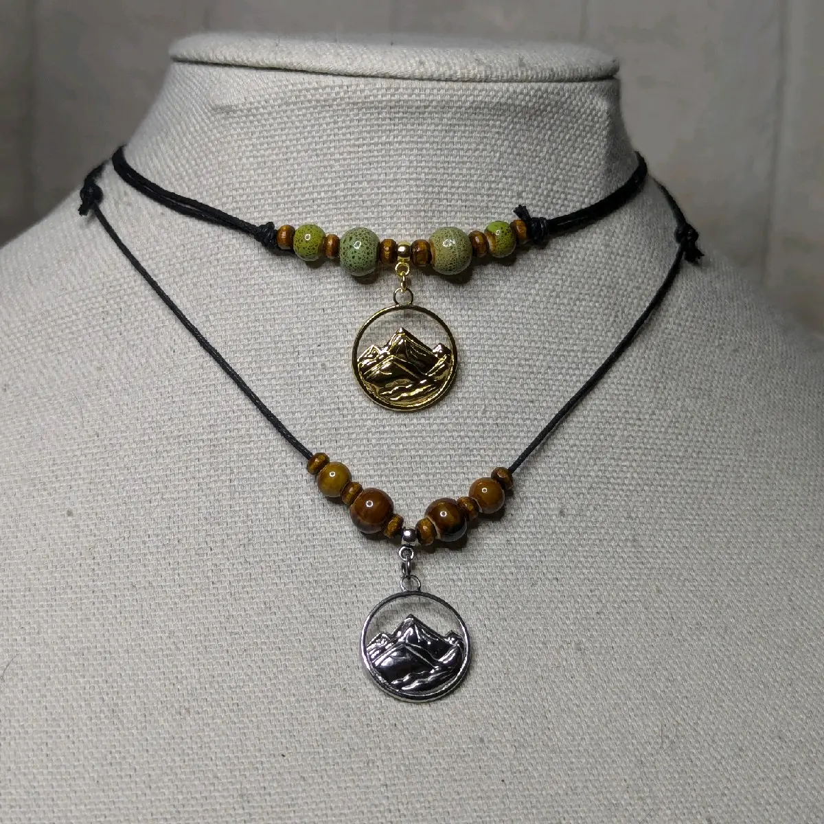 Mountain Top Traveling Forest Stainless Steel Charm Ceramic Beaded Silver or Gold Boho Hippie Whimsical Adjustable Black Rope Cord Choker Stacking Necklace jewelry