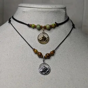 Mountain Top Traveling Forest Stainless Steel Charm Ceramic Beaded Silver or Gold Boho Hippie Whimsical Adjustable Black Rope Cord Choker Stacking Necklace jewelry