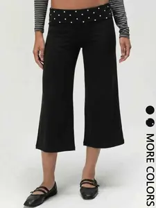 Women's Casual Polka Dot Short Flare Pants, Folded High Waist Design, Seven-Eighths Home Leisure Pants, Comfortable and Stylish Chic