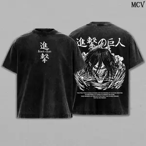 Mens Heavyweight Acid Wash Graphic Tee Vintage Streetwear Oversized Drop Shoulder T-Shirt Y2K Retro Anime Attack on Titan Eren Titan Form Print 100% Premium Cotton 230g Made in USA Factory Casual Urban Top Gym Workout Daily Wear Men Black