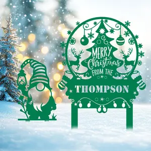 Personalized Merry Christmas Tree & Gnome Metal Garden Stakes