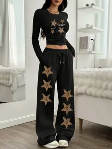 Women's Summer Casual Set, Leopard Star Graphic Print Round Neck Long T-Shirt + Simple Versatile Sweatpants, Comfortable Beach Vacation Wear