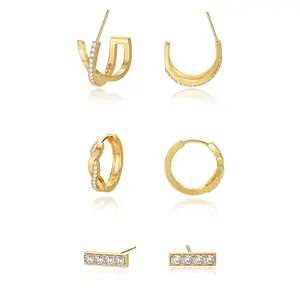 TEWIKY 14K Gold-Plated Three-Pair Earrings with Cubic Zirconia Bar Studs Twisted Hoops & Cross Earrings for Valentine's Day Gift
